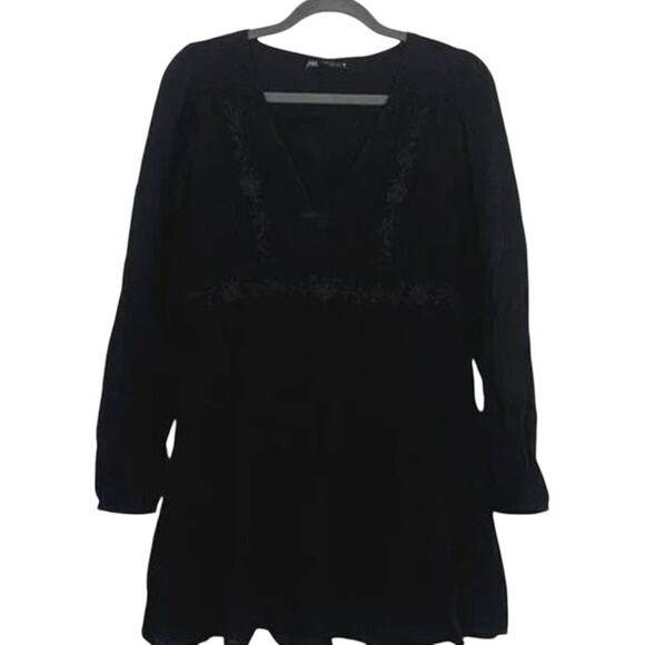 Zara V Neck Embroidered Long Sleeve Baby Doll Mini Dress Lined XS Black #3304 - Picture 13 of 14
